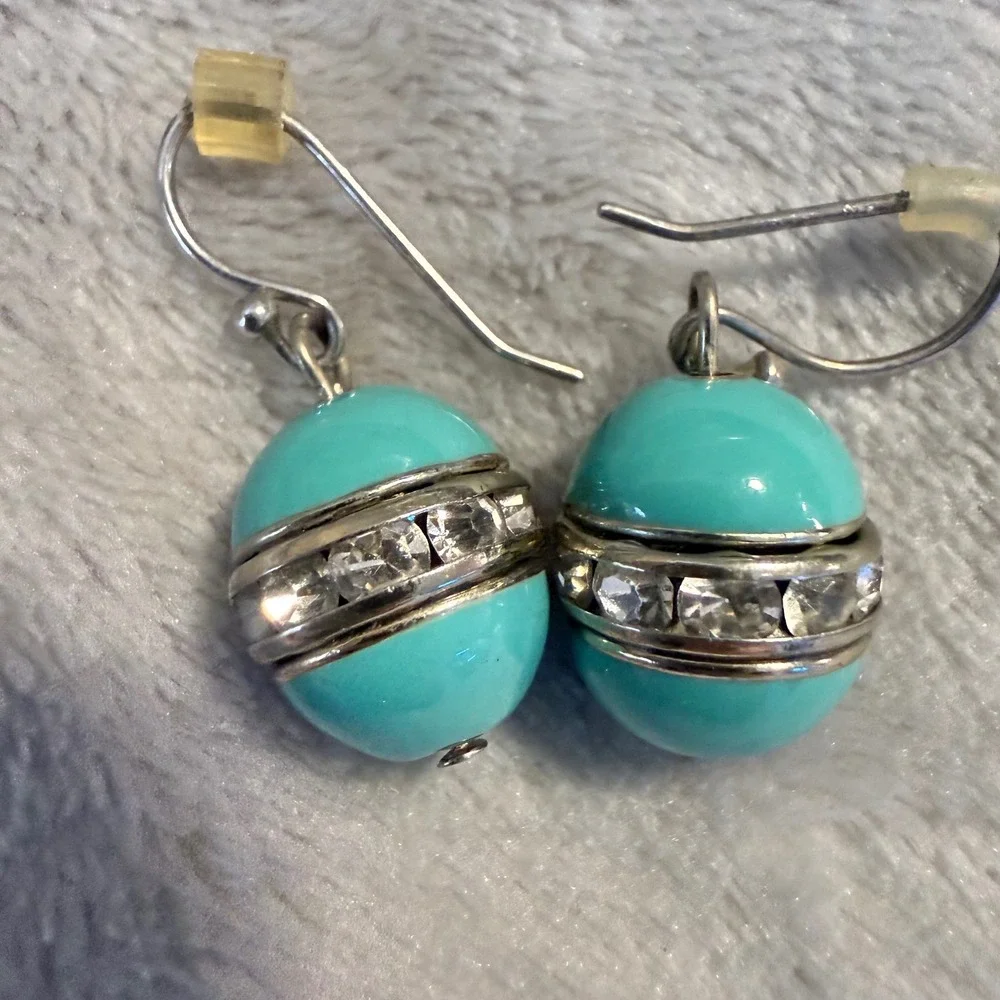 Vintage Y2K Aqua Blue Rhinestone Bead Dangle‎ Earrings Silver Tone